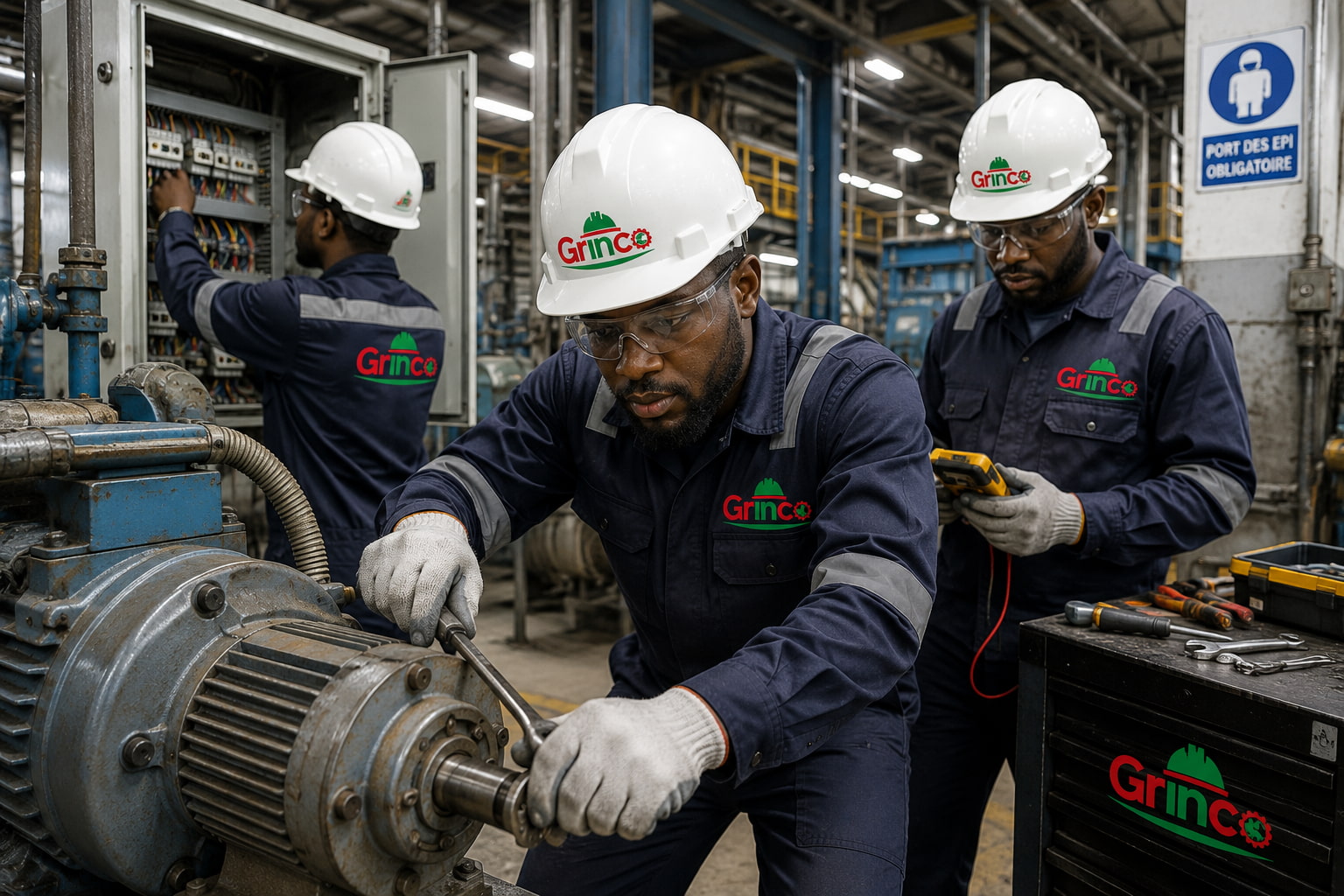 Techniciens GRINCO RDC dans un atelier industriel